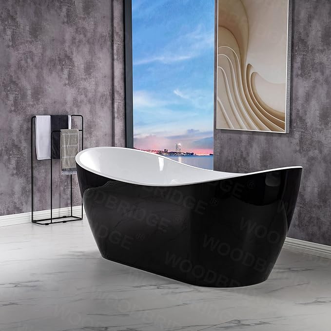 WOODBRIDGE 71" Acrylic Freestanding Bathtub Contemporary Soaking Black Tub with Matte Black Overflow and Drain,Black,B1817-MB