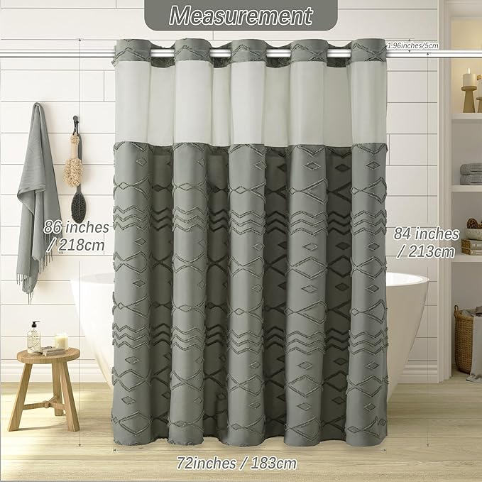 Long No Hook Tufted Chevron Striped Shower Curtain with Snap-in PEVA Liner Set - 72" x 86", Hotel Style with See Through Top Window, Water Repellent Fabric Shower Curtain Grey