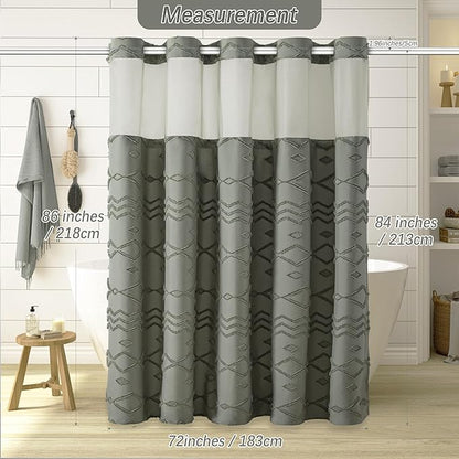 Long No Hook Tufted Chevron Striped Shower Curtain with Snap-in PEVA Liner Set - 72" x 86", Hotel Style with See Through Top Window, Water Repellent Fabric Shower Curtain Grey