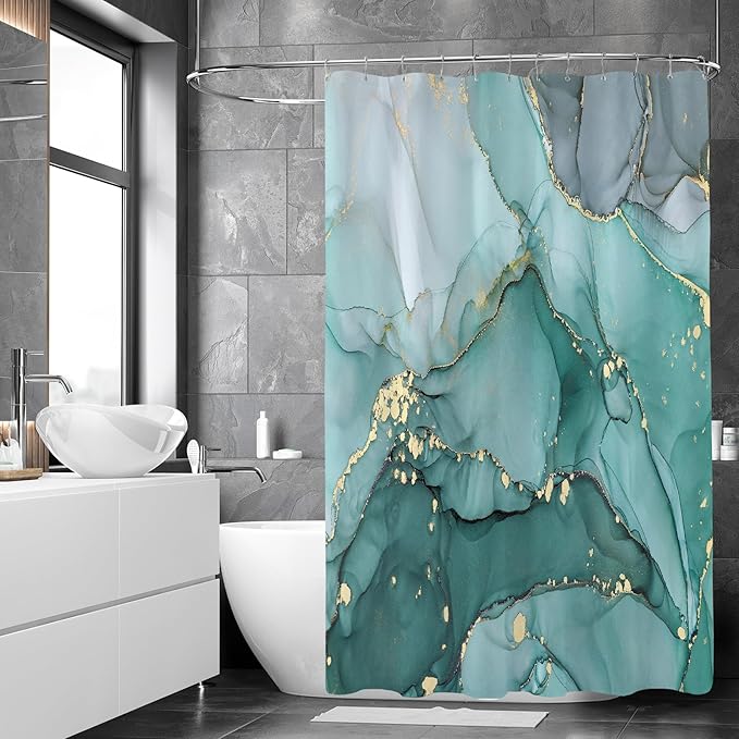 Extra Long Shower Curtain 72 x 96 Inch, Turquoise Floor to Ceiling X-Long Abstract Marble Shower Curtains for Bathroom, Modern Luxury Art Ink Fabric Shower Curtain Set with Hooks