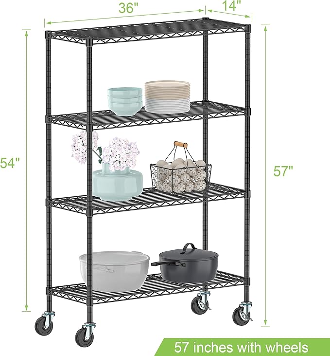 Storage Wire Shelving with Wheels 4-Tier Heavy Duty Garage Shelves Unit Metal Rolling Adjustable Organizer Rack Steel Wire Industrial Shelving for Kitchen Garage Pantry Office Bathroom