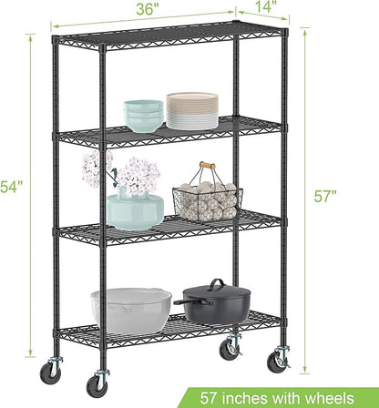 Storage Wire Shelving with Wheels 4-Tier Heavy Duty Garage Shelves Unit Metal Rolling Adjustable Organizer Rack Steel Wire Industrial Shelving for Kitchen Garage Pantry Office Bathroom