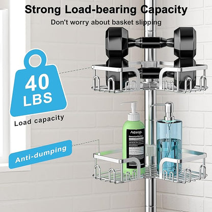 Corner Shower Caddy Tension Pole,39-113 inch Adjustable Rustproof Floor Standing Shower Organizer Shelf with 4 Basket for Bathtub,Inside Shower Shampoo Storage Silver