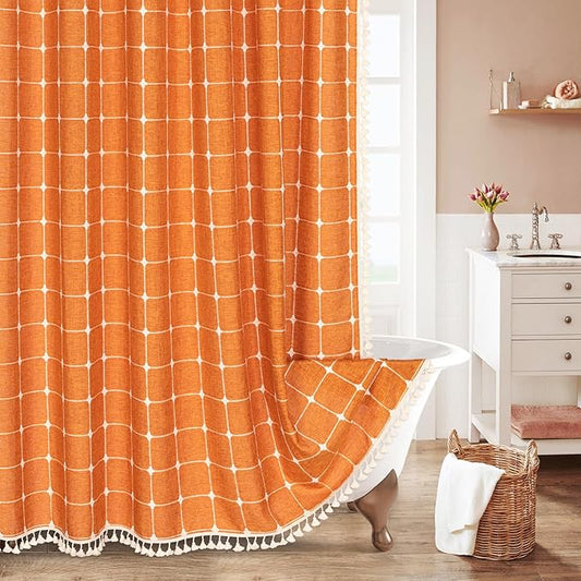 MitoVilla Orange Boho Extra Long Shower Curtain 72 x 84, Modern Farmhouse 84 inch XL Polyester Linen Texture Tassel Fabric Shower Curtain Set with Hooks for Cottagecore Country Bathroom Decor