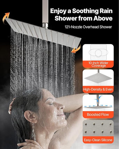VEVOR Shower Faucet Set, 10 Inch Ceiling Mount Rainfall Shower System with 6 Inch Wall Mount Head and 2 in 1 Handheld Spray, Rotatable 3-Function Dual Rain Head Brass Valve & Trim Kit, Brushed Nickel