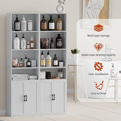 Tall Bathroom Storage Cabinet, Bathroom Floor Cabinet with Wide 4 Tier Shelf, Storage Unit for Living Room, Entryway, Kitchen (Embossed White, 2 PCS)