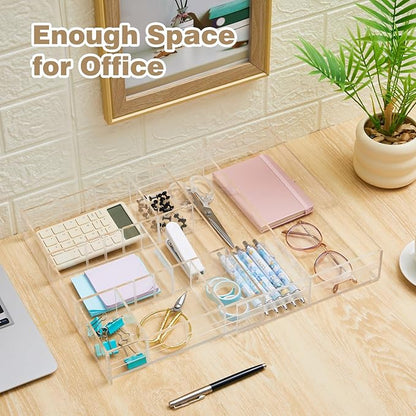 Acrylic Drawer Organizer Clear Desk Drawer Organizer Trays with Adjustable Compartments Desk Accessories for Office Stationery Makeup Silverware Bathroom(Expandable)