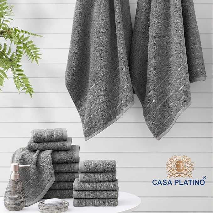 Casa Platino 100% Cotton Bathroom Towels Set – 24 Pc Collection – Plush Ring Spun Towels, Soft & Absorbent, Great for Salon, Spa or Home Use, Includes 6 Towel Types – Ultimate Grey
