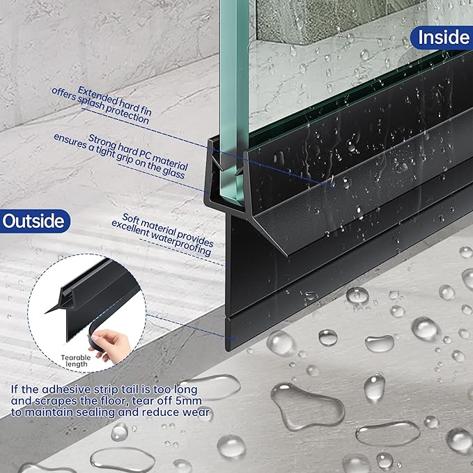 2-Pack Frameless Shower Door Bottom Seal (1/4" X 36") Clear Glass Seal Strip Shower Door Sweep - Stop Shower Leaks,Black