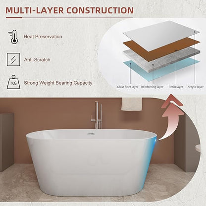 59 inch Freestanding Soaking Bathtub, Modern Stand Alone Free Standing Acrylic Tub with Center Drain & Overflow, Glossy White