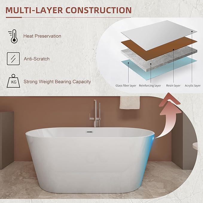 67 inch Freestanding Soaking Bathtub, Modern Stand Alone Free Standing Acrylic Tub with Center Drain & Overflow, Glossy White