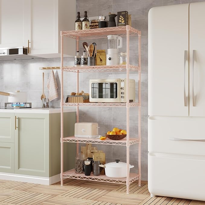 5 Tier Storage Racks Shelving, Heavy Steel Pantry Shelves, Adjustable Wire Shelving Rack, Suitable for Garage, Kitchen, Bathroom, Office, 29" W x 13.4" D x 59" H, Pink