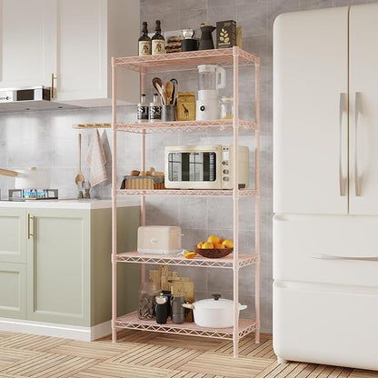 5 Tier Storage Racks Shelving, Heavy Steel Pantry Shelves, Adjustable Wire Shelving Rack, Suitable for Garage, Kitchen, Bathroom, Office, 29" W x 13.4" D x 59" H, Pink