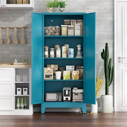 Metal Cabinets with Barn Doors and Adjustable Shelves,61" Tall Storage Cabinet,4-Tier Storage Cupboard for Kitchen,Dining Room,Garage,Bathroom,Blue
