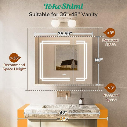 TokeShimi 36 x 30 LED Mirrored Medicine Cabinet with Defogger, 3 Colors Lighted Medicine Cabinet Tempered Stepless Dimming, CRI 80+, Memory Funtion, Wall Mount Bathroom Mirror with Storage
