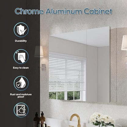 WELLFOR 36" x 30" Rectangle Medicine Cabinet Mirror, Surface Mount or Recessed Medicine Cabinet with Tempered Mirror, Anodized Chrome Aluminum Frame, Bathroom Mirror with Storage