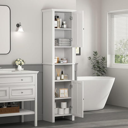Tall Bathroom Storage Cabinet with Adjustable Shelves,66.92" H Slim 1-Door Freestanding Cabinet for Small Spaces, Bathroom,Kitchen, Living Room,White (Farmhouse)