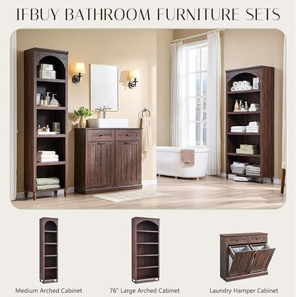 76" Tall Arched Bathroom Storage Cabinet, 5 Tiers Large Farmhouse Arched Cabinet w/Adjustable Shelves, Modern Wooden Storage Cabinet for Bathroom, Living Room, Entryway, Study Room (Brown)