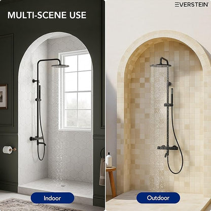 Exposed Shower System with Tub Spout, EVERSTEIN 10 inch High Pressure Shower Faucet Set, 3-Function Wall Mount Rain Showerhead with Handheld Sprayer, Outdoor Bathroom Fixtures, Matte Black