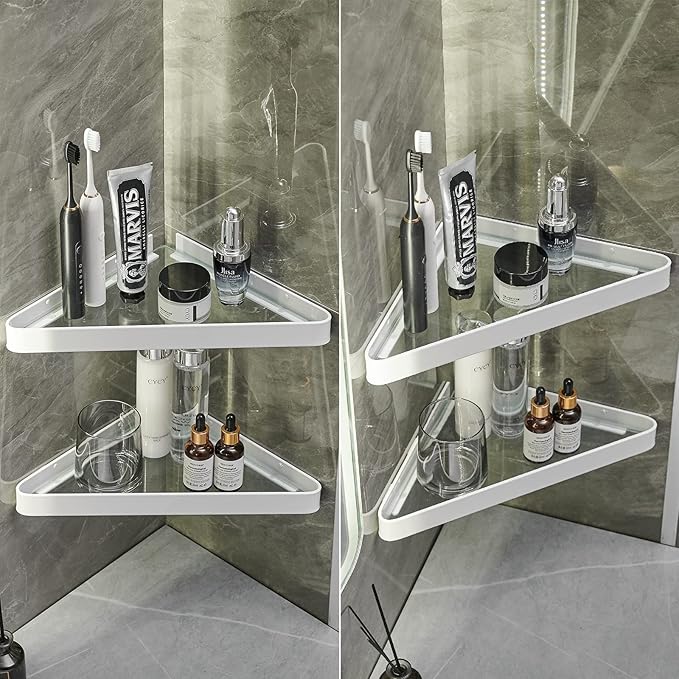 VOLPONE Bathroom Shelves Wall Mounted Glass Corner Shelf for Bathroom Floating Shelf Tempered Glass Wall Organizer 2-Tier(White)