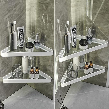 VOLPONE Bathroom Shelves Wall Mounted Glass Corner Shelf for Bathroom Floating Shelf Tempered Glass Wall Organizer 2-Tier(White)