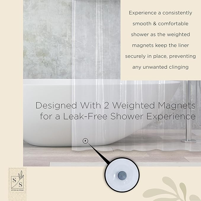Stitch & Stone Shower Curtain Liner, Premium Extra Lightweight Durable Waterproof 3g PEVA for Bathroom with Weighted Magnets, Standard Size 70" x 72" Clear 1 Pack