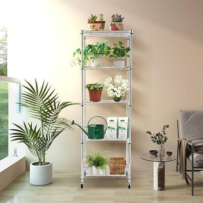 BNSPLY 5 Tier Narrow Wire Shelving Unit with Wheels, Height Adjustable Wire Shelves with NSF Certified, Mobile Metal Storage Rack for Kitchen, Laundry, Bathroom (17.7" D x 23.6" W x 71" H, Chrome)