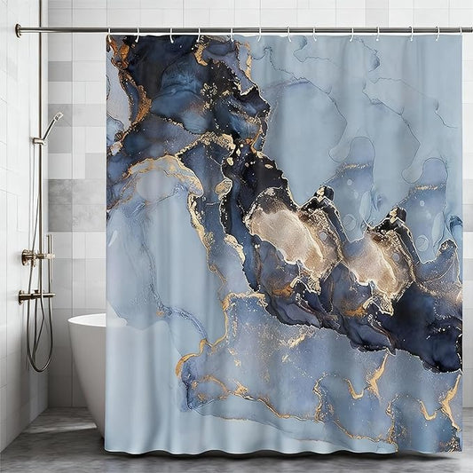 Domoku Blue Marble Shower Curtain 72x72 – Blue and Gold Waterproof Fabric Shower Curtain with Hooks, Abstract Art Bathroom Decor, Machine Washable Curtain for Apartment, Guest Bath