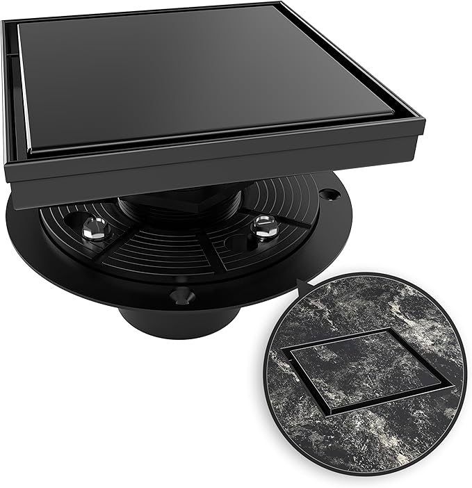 WEBANG 6 Inch Square Shower Drain Black Floor Drain with Flange Reversible 2-in-1 Cover Tile Insert Grate Removable SUS304 Stainless Steel CUPC Certified Matte Black