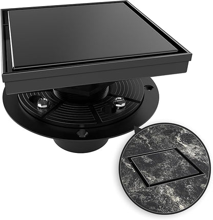WEBANG 6 Inch Square Shower Drain Black Floor Drain with Flange Reversible 2-in-1 Cover Tile Insert Grate Removable SUS304 Stainless Steel CUPC Certified Matte Black