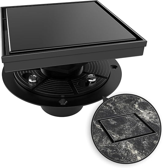 WEBANG 6 Inch Square Shower Drain Black Floor Drain with Flange Reversible 2-in-1 Cover Tile Insert Grate Removable SUS304 Stainless Steel CUPC Certified Matte Black
