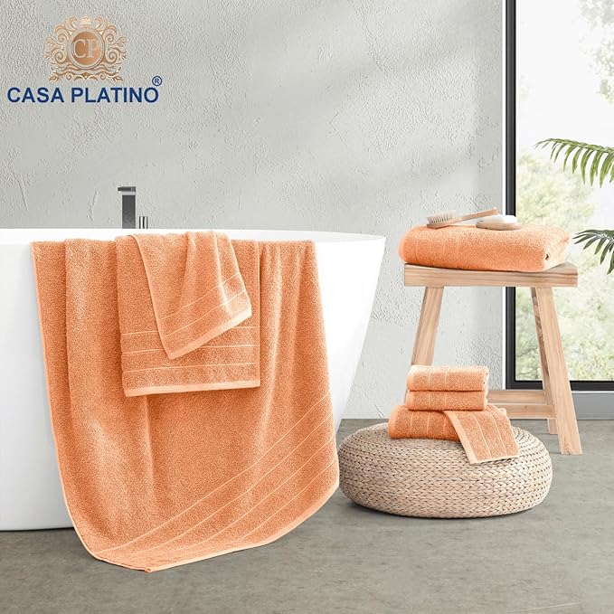 Casa Platino 100% Cotton Bathroom Towel Set - 8 Pc - Ringspun, Quickdry, Super Soft & Highly Absorbent - 2 Large Bath Towels, 4 Washcloths, 2 Hand Towel - Pre Shrunk & Fade Resistant - Peach Fuzz