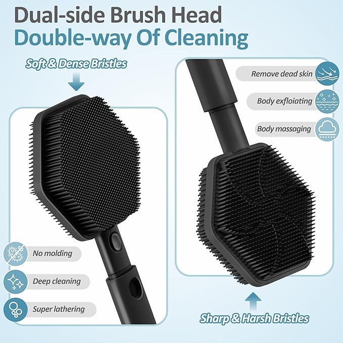 Silicone Back/Face Scrubber & Bath Glove Set 3PCS, Extendable Back Scrubber with Dual-Side Large Head, 360° Anti-Slip Bath Glove, Unique Side-bristle Face Scrubber for All-round Cleaning(Black)