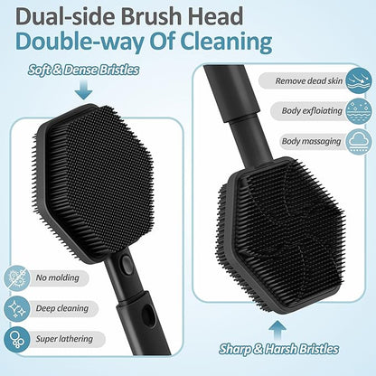 Silicone Back/Face Scrubber & Bath Glove Set 3PCS, Extendable Back Scrubber with Dual-Side Large Head, 360° Anti-Slip Bath Glove, Unique Side-bristle Face Scrubber for All-round Cleaning(Black)