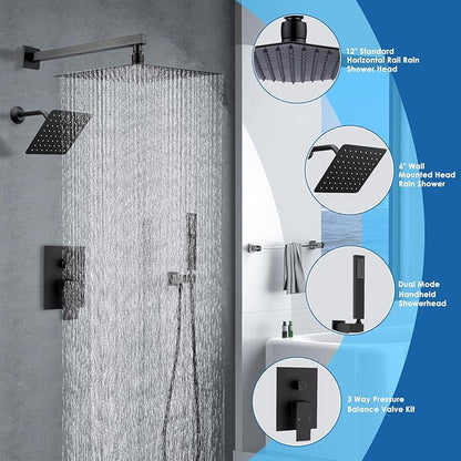12" Shower Faucet Set Rain Shower System with 6" Wall Mounted Head Full Body Luxury Rain Shower System Rainfall Shower Head with Handheld Combo,3 Way Pressure Balance Valve Kit,Matte Black