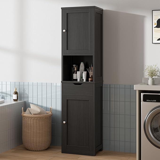 Walsunny Tall Bathroom Storage Cabinet with Freestanding Adjustable Shelves, Narrow Storage Linen Cabinet with 2 Doors and 1 Drawers for Bathroom, Living Room, Kitchen, Black