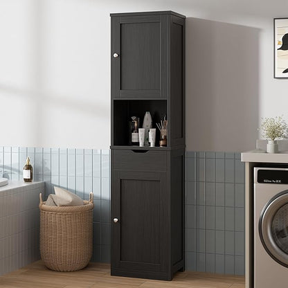 Walsunny Tall Bathroom Storage Cabinet with Freestanding Adjustable Shelves, Narrow Storage Linen Cabinet with 2 Doors and 1 Drawers for Bathroom, Living Room, Kitchen, Black