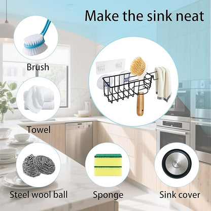 Sponge Holder with Dish Cloth Hanger for Kitchen Sink, In-sink Caddy Organizer with Suction Cups & Adhesive Strips, Rustproof Sponge Rack for Soap, Brush, Scrubber - Black（2 Pack）