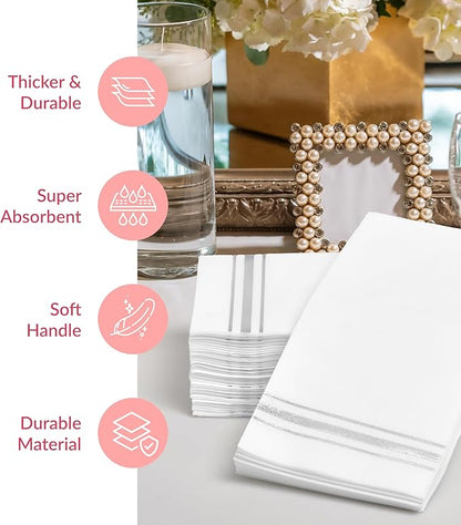 Prestee - Linen-Like Paper Hand Towels - Disposable Guest Towels for Bathroom - White with Silver Stripes - 7.8"x4" Folded - 50 Count - Soft and Absorbent Bathroom Napkins - Elegant Metallic Design