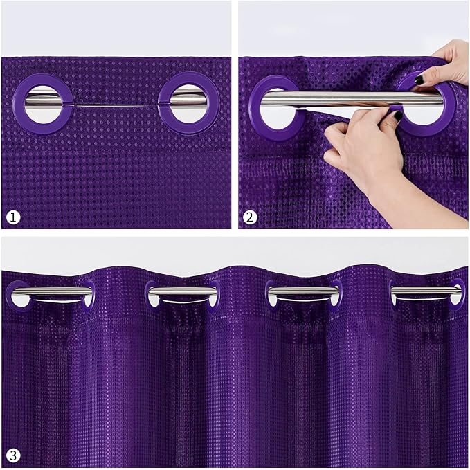MitoVilla Purple Waffle Small Stall Shower Curtain Liner Set 36 x 74, No Hooks Needed Half Size Narrow Waffle Weave Fabric Shower Curtain Set with Snap-in Liner for Modern Spa-Like Bathroom Decor