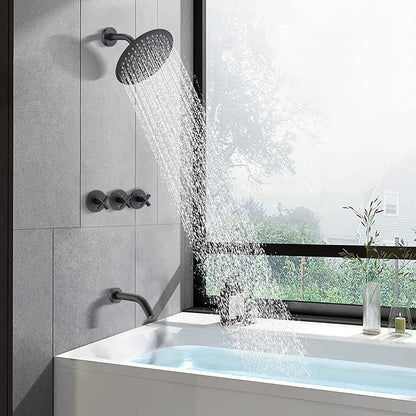 PROOX 3 Handle Tub Shower Faucet Set, 8" Rainfall Shower Head with Tub and Shower Trim Kit with Rough-in Valve, Matte Black Bathtub Shower Faucets, Wall Mounted Bathroom Rain Shower System