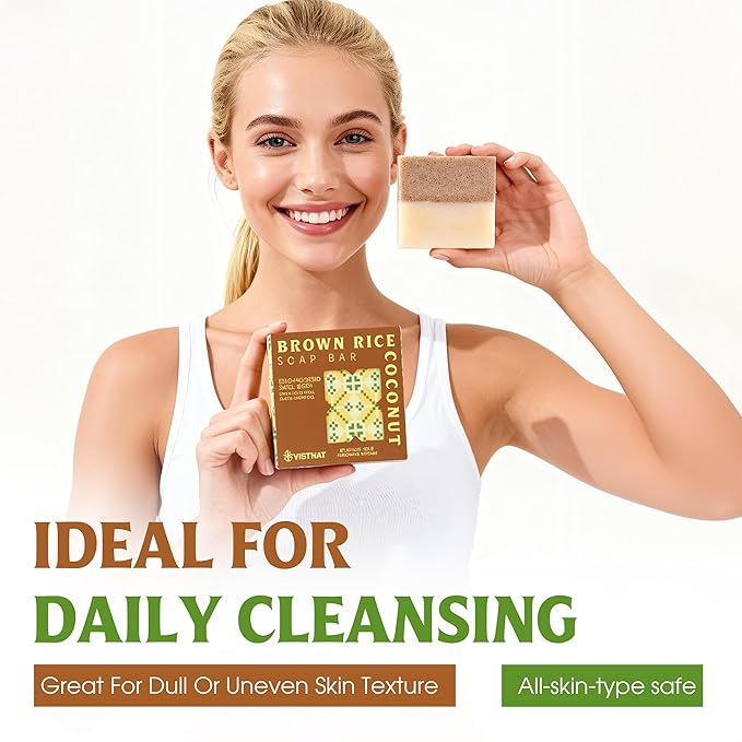 Brown Rice & Coconut Soap Bar (Pack of 3) – 2-in-1 Exfoliating & Nourishing, Cold Process Handmade Soap with Rice Bran & Coconut Milk, Gentle Daily Body Bar