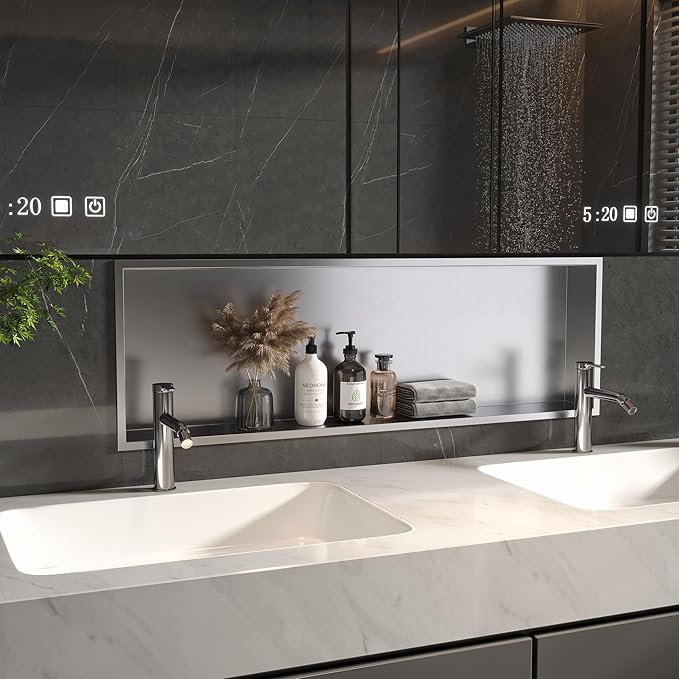 Neodrain No Tile Shower Niche, Shower Cabinet Bathroom Shelf, Inner Size 36" X 12" X 4", Brushed Stainless Steel Bathroom Recessed Wall Niche Cubby, NO Tile Needed for Storage