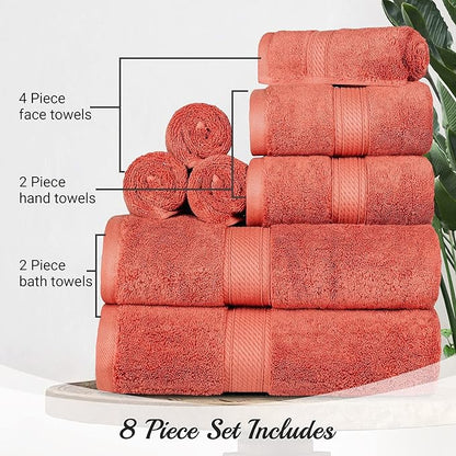 BLUENILEMILLS Madison Egyptian Cotton Towels, Towel Set for Bathroom, Shower, Hotel, Plush, 800 GSM, Highly Absorbent and Ultra-Soft Towels, Bath Essentials, 8 Piece Assorted Towel Set, Coral