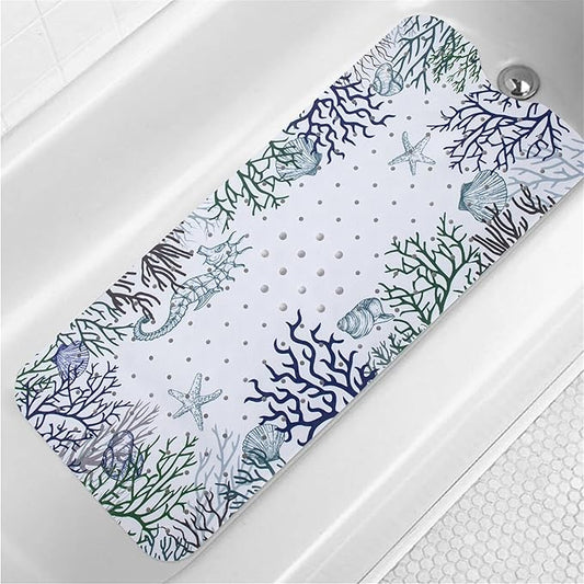 Seahorse Bathtub Mat Non Slip for Kids 40x16in Extra Long Anti Slip Bath Mat for Tub Abstract Bath Shower Mat with Large Drain Holes and Suction Cups Quality Honeycomb Design Bathroom Decor