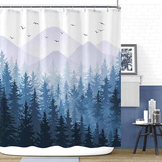 Aipon Blue Misty Forest Shower Curtain Ombre Nature Tree Plants Shower Curtains Fabric Waterproof Mountain Shower Curtain Sets for Bathroom Bath Decor with 12 Hooks (Blue, 72'' × 72'')