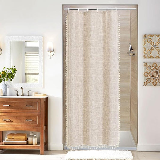MitoVilla Boho Small Stall Shower Curtain 36 x 72, Grey Half Size Narrow Polyester Linen Tassel Cloth Fabric Shower Curtains for Chic Modern Farmhouse Country Bathroom Decor