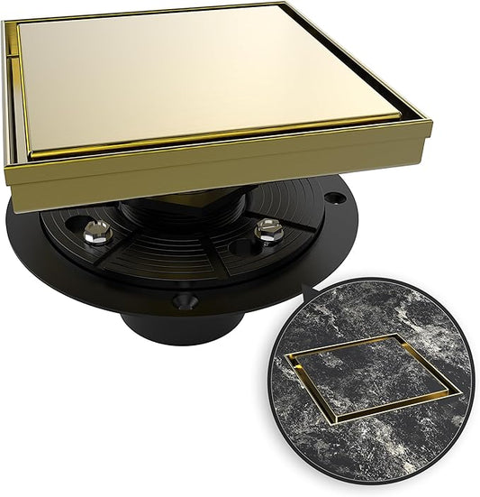 WEBANG 6 Inch Square Shower Drain Gold Floor Drain with Flange Reversible 2-in-1 Cover Tile Insert Grate Removable SUS304 Stainless Steel CUPC Certified Brushed Gold