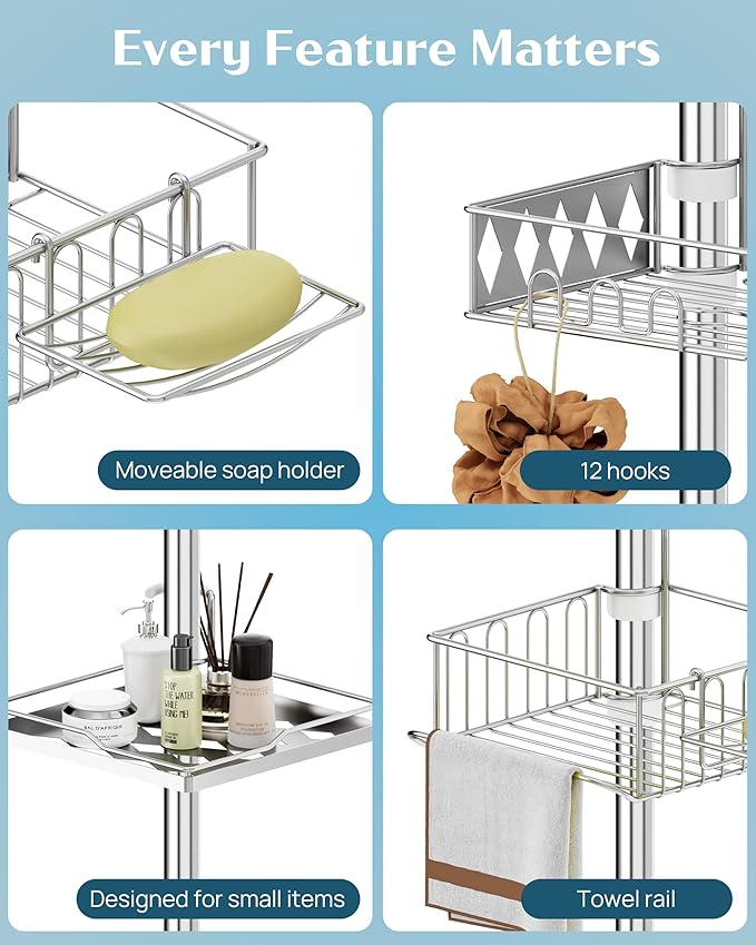SElRIONE Corner Shower Caddy Tension Pole, Quick Setup, Rust-Free Bathroom Shower Organizer Corner for Bathtub Shampoo Storage, 4-Tier Adjustable Shelf, Drill Free, Fits 34 to 116 Inch Height