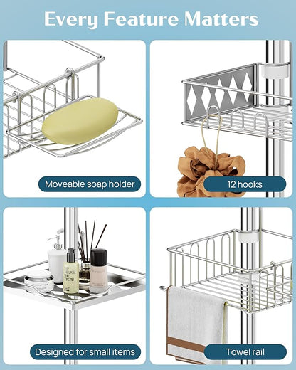 SElRIONE Corner Shower Caddy Tension Pole, Quick Setup, Rust-Free Bathroom Shower Organizer Corner for Bathtub Shampoo Storage, 4-Tier Adjustable Shelf, Drill Free, Fits 34 to 116 Inch Height